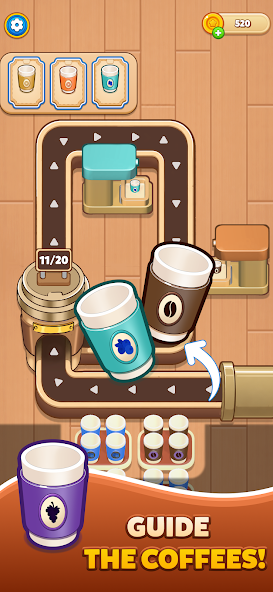 Coffee Sort gameplay showing coffee cups on a conveyor